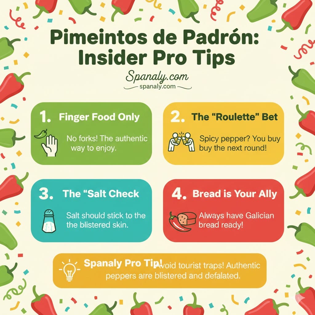 A colorful infographic showing insider tips for eating Pimientos de Padrón, including the finger food rule, the roulette bet, and the salt check - Spanaly.com.