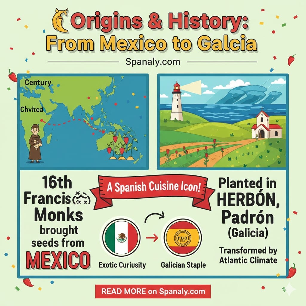 A colorful infographic showing the history of Pimientos de Padrón, from 16th-century Franciscan monks bringing seeds from Mexico to the Atlantic coast of Herbón, Galicia - Spanaly.com.