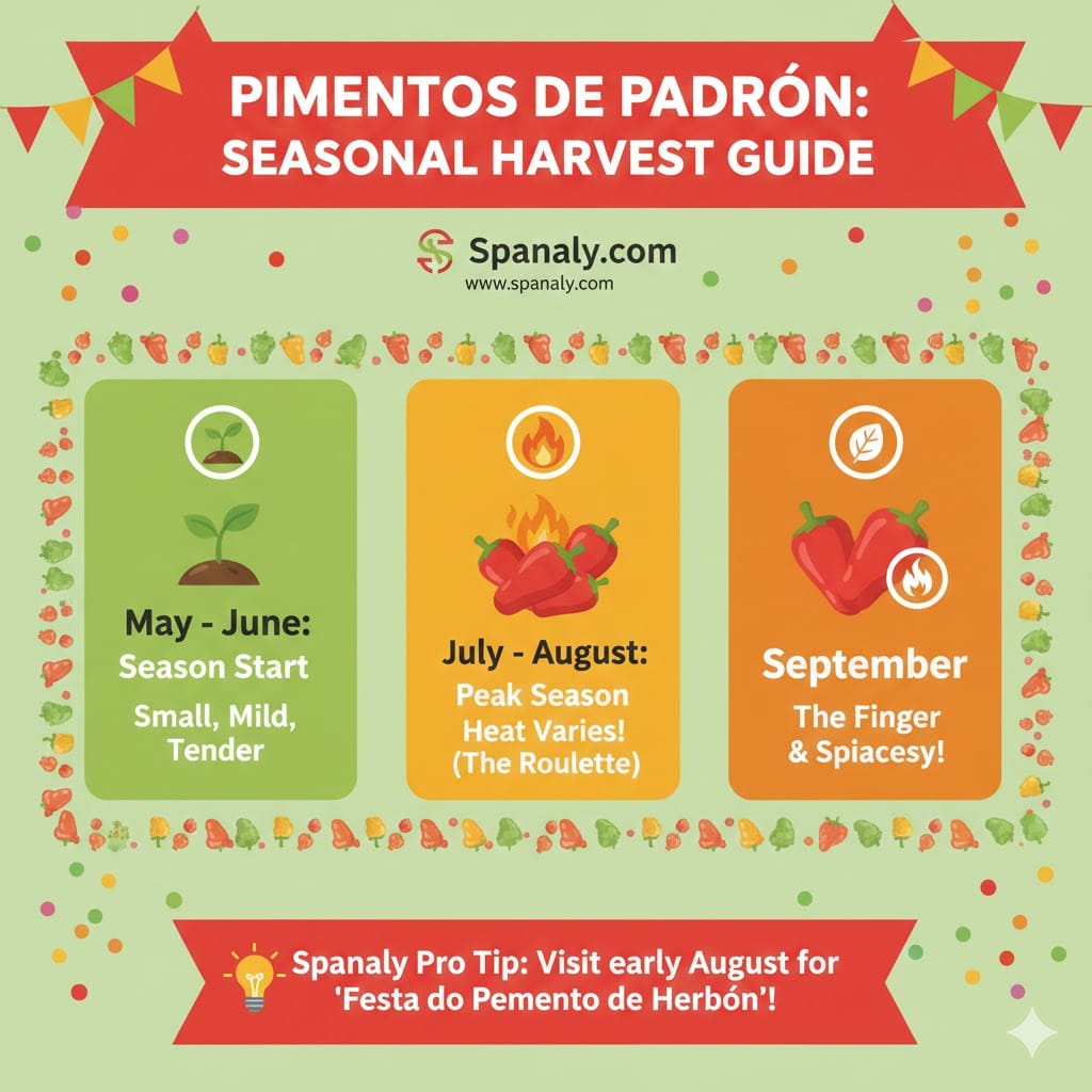 A colorful seasonal guide for Pimientos de Padrón showing the harvest cycle from May to October, highlighting the flavor and spiciness levels in Galicia - Spanaly.com.