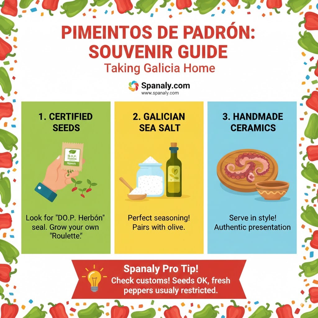 A colorful infographic guide for Pimientos de Padrón souvenirs, featuring certified seeds, Galician sea salt, and traditional handmade ceramics - Spanaly.com.