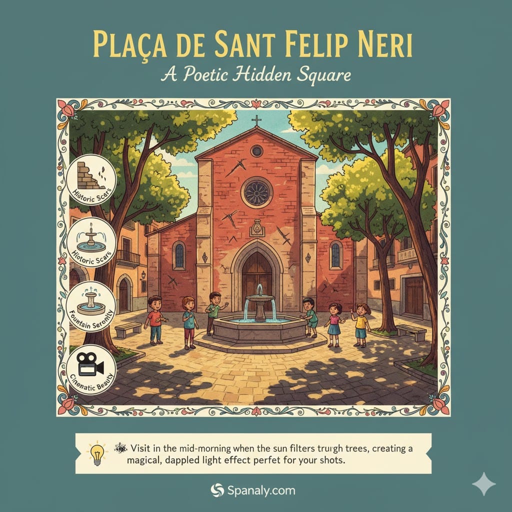 Colorful infographic of Plaça de Sant Felip Neri in Barcelona showing children playing near the central fountain, shaded trees, and historic church walls. Includes icons for historic scars, fountain serenity, and cinematic beauty.