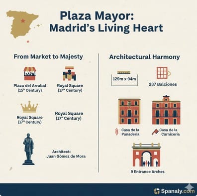 A detailed infographic of Plaza Mayor in Madrid, highlighting its dimensions of 129m by 94m, its 237 balconies, and historical landmarks like Casa de la Panadería with Spanaly branding.