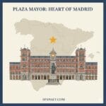 A high-quality illustration of Plaza Mayor in Madrid showcased on a map of Spain, featuring the historical red-brick architecture and royal statue with Spanaly branding.