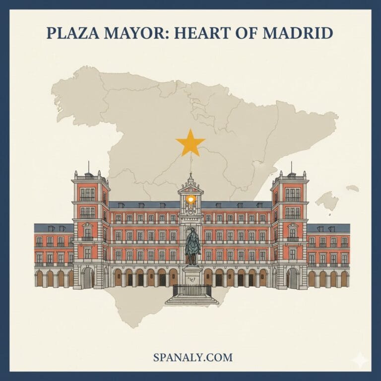 A high-quality illustration of Plaza Mayor in Madrid showcased on a map of Spain, featuring the historical red-brick architecture and royal statue with Spanaly branding.