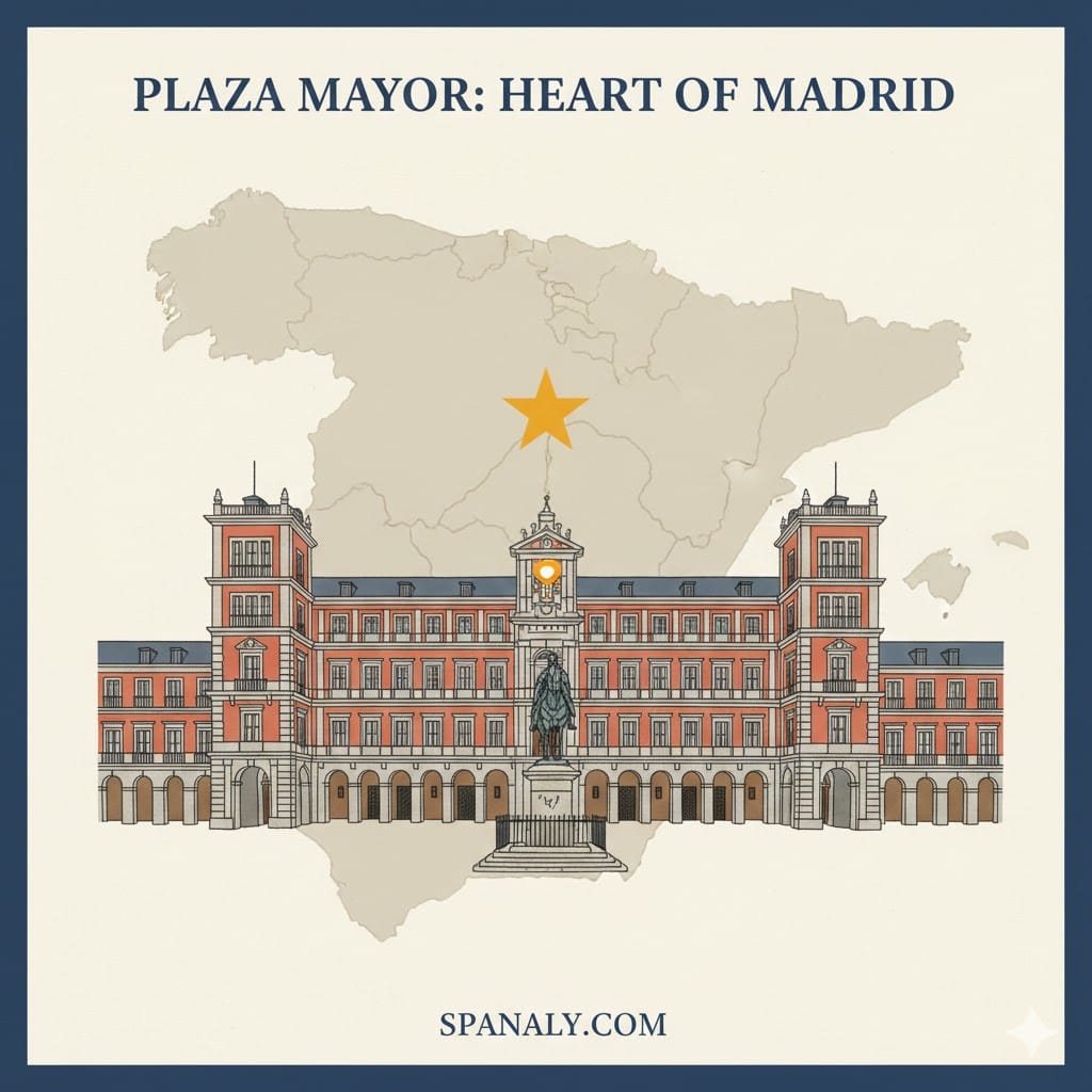 A high-quality illustration of Plaza Mayor in Madrid showcased on a map of Spain, featuring the historical red-brick architecture and royal statue with Spanaly branding.
