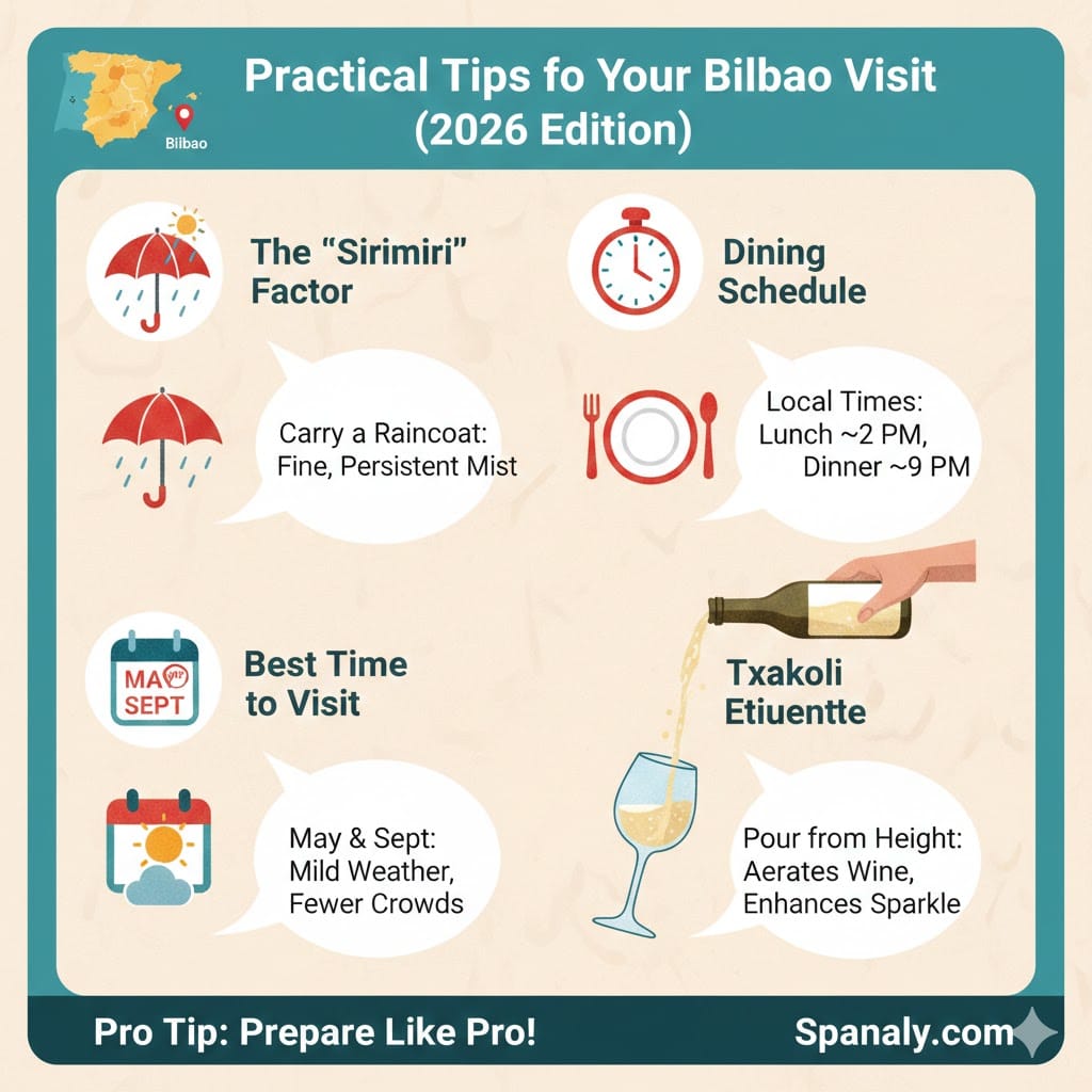 An infographic of practical travel tips for Bilbao featuring the Sirimiri rain factor, dining schedules, and Txakoli wine etiquette for 2026.