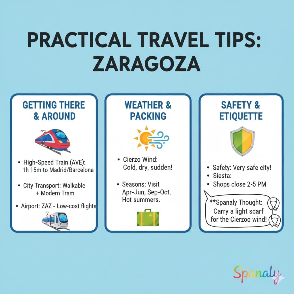 A colorful infographic for Zaragoza travel tips, featuring icons for AVE high-speed trains, weather symbols for Cierzo wind, and safety shields on a bright blue background.