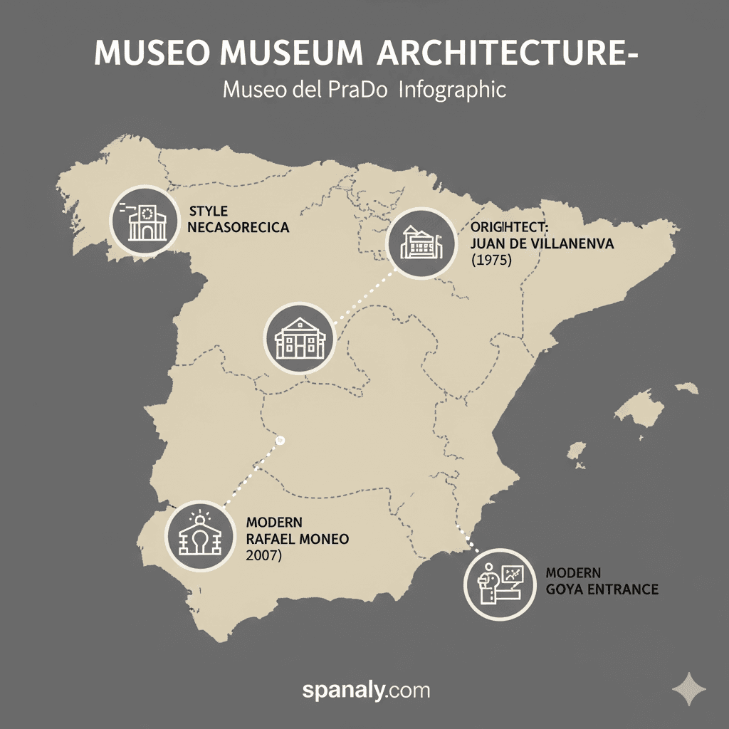 An architectural infographic of the Prado Museum by spanaly.com, showing the neoclassical Villanueva building and modern Rafael Moneo expansion, with a map of Spain and key design statistics in the background.
