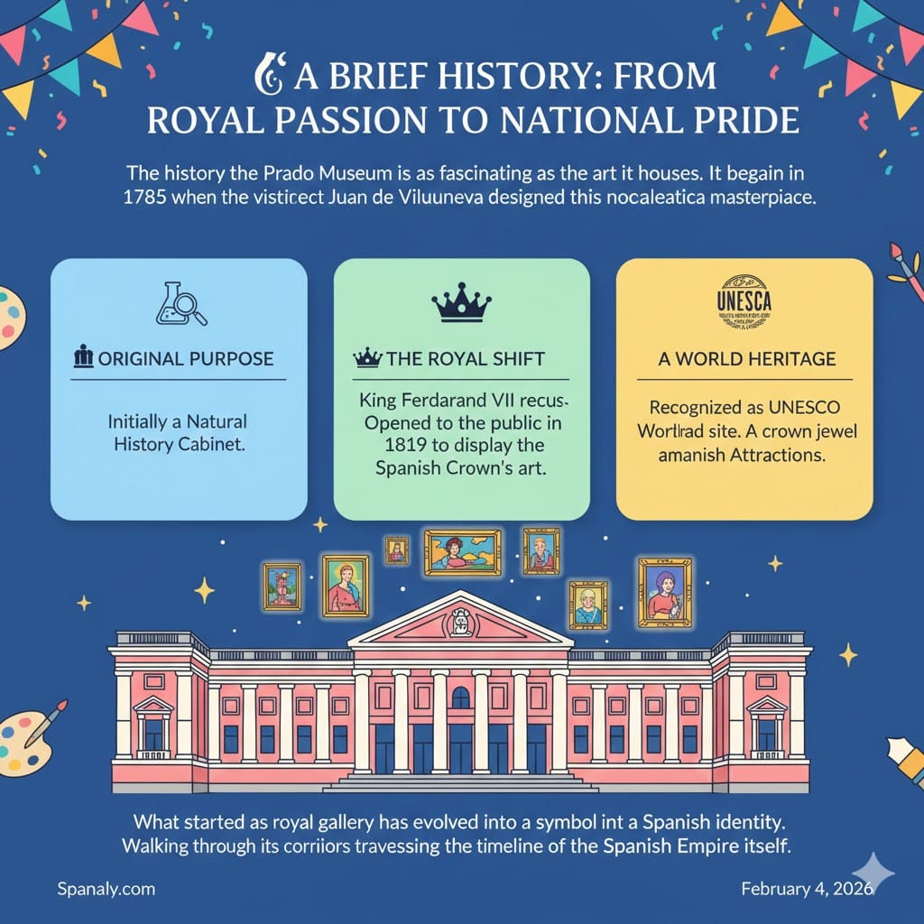Infographic showing the history of the Prado Museum in Madrid, from its original purpose as a Natural History Cabinet to its royal opening in 1819 and its UNESCO World Heritage status.