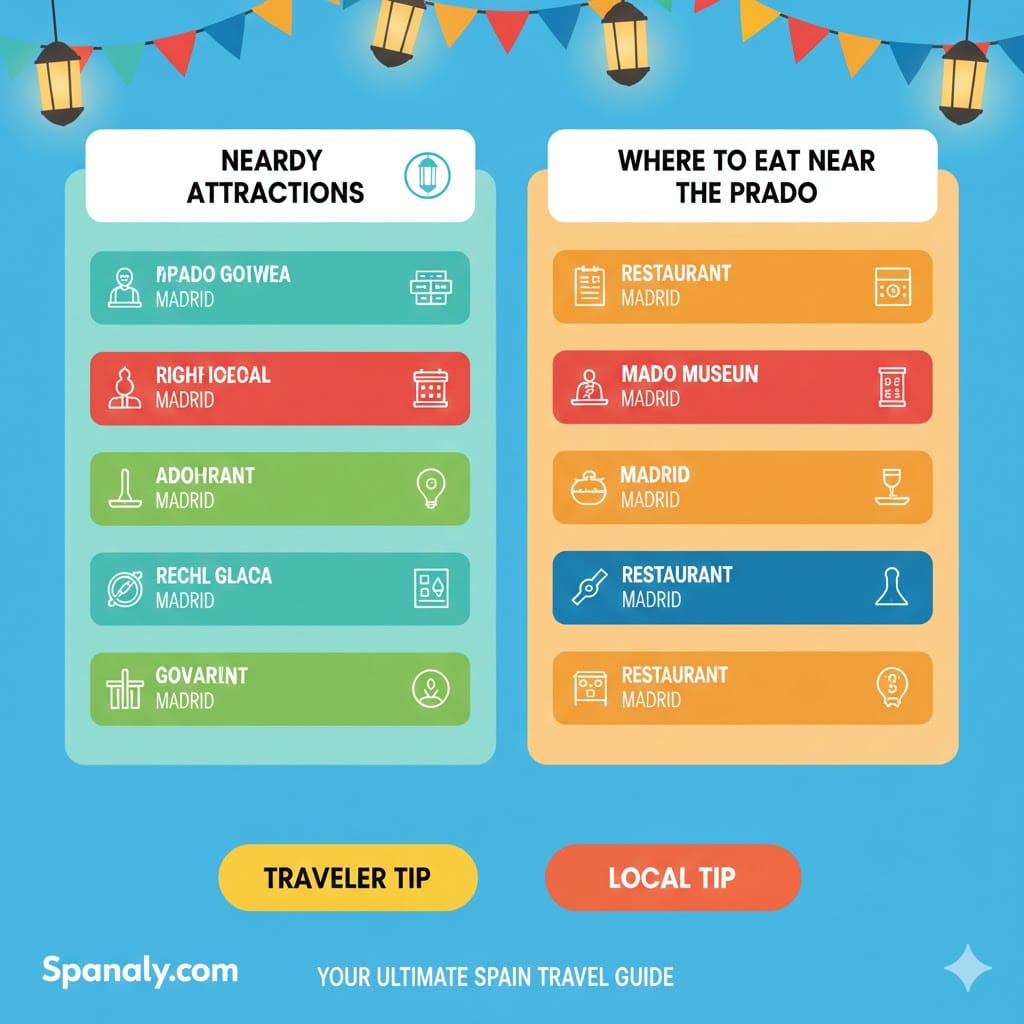 A bright and colorful infographic guide to attractions and restaurants near the Prado Museum in Madrid, including Reina Sofia, Retiro Park, and local dining tips.