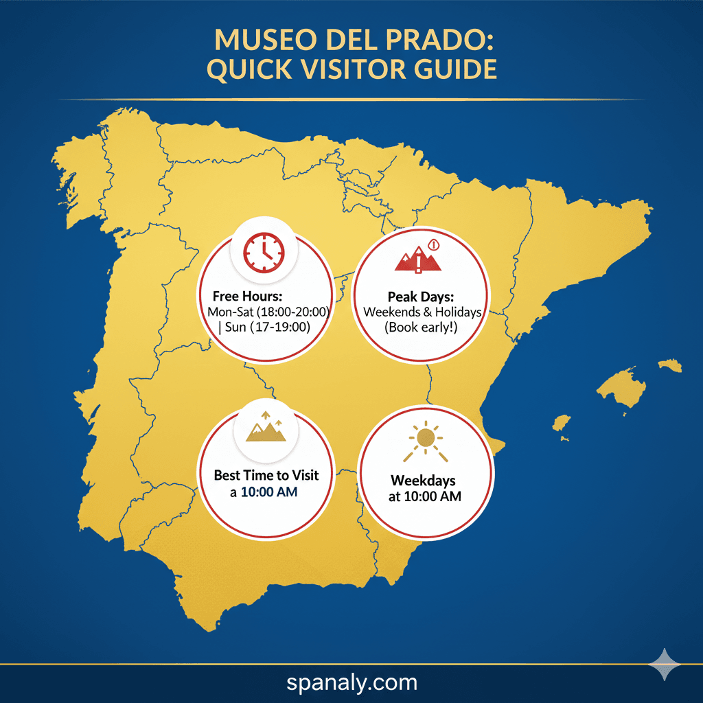 A visitor information infographic for the Prado Museum by spanaly.com, displaying free entry hours (Mon-Sat 18:00-20:00), peak visit days, and the best time to visit at 10:00 AM, with a Spanish map background.