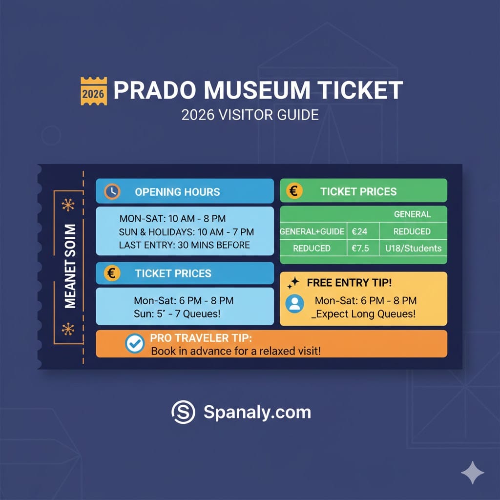 Informative infographic about Prado Museum tickets and opening hours for 2026, including general admission prices, free entry times, and pro traveler tips for booking.