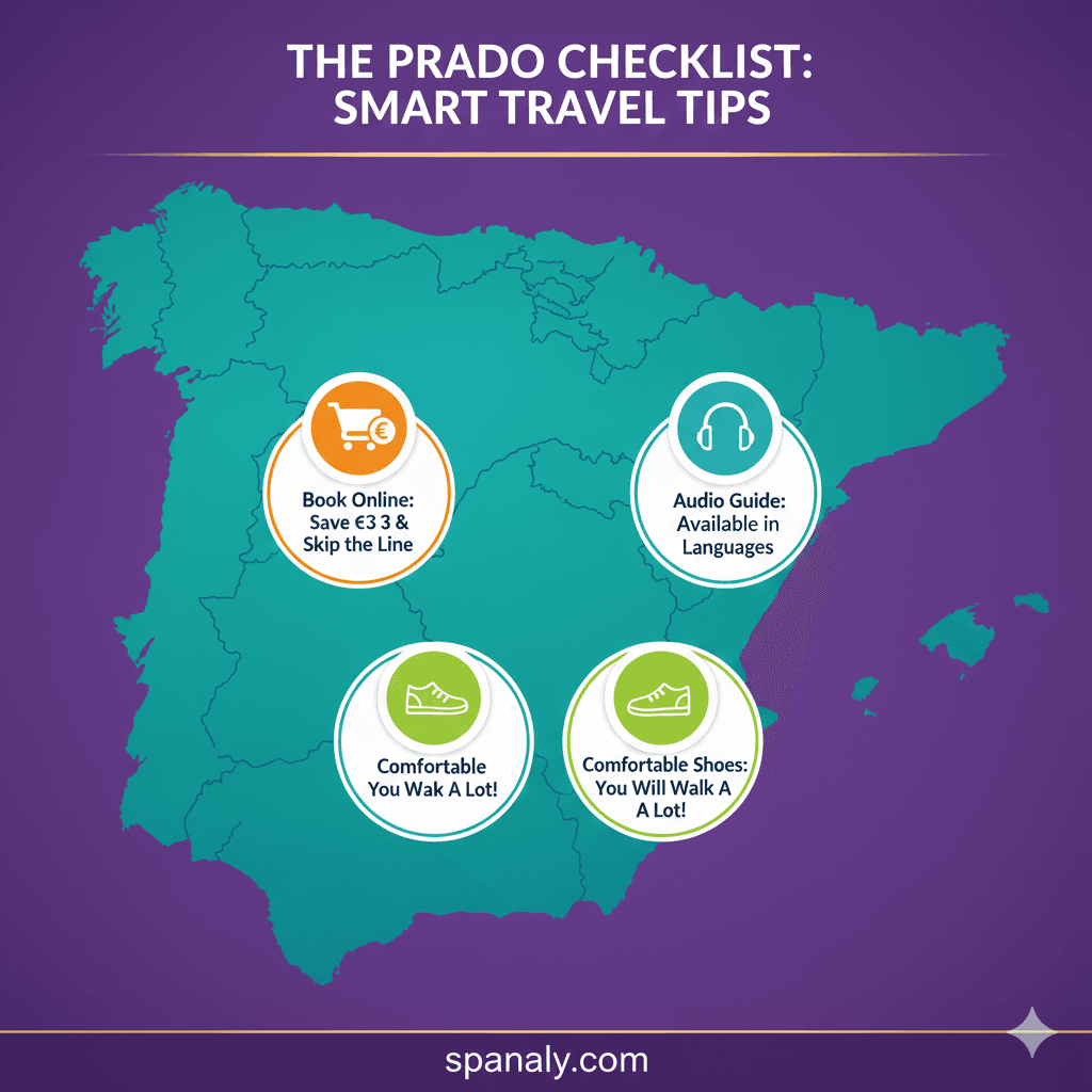 A visual visitor checklist for the Prado Museum by spanaly.com, featuring tips like booking online to save €3, using audio guides, wearing comfortable shoes, and noting free entrance hours, all set against a map of Spain.