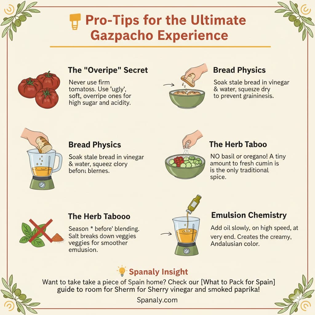 An expert culinary infographic titled Pro-Tips for the Ultimate Gazpacho Experience. It illustrates five professional secrets: using overripe tomatoes, the physics of soaking bread, the herb taboo (no basil/oregano), salt timing, and emulsion chemistry for the perfect orange color. Includes a Spanaly Insight on what to pack from Spain, like Sherry vinegar.