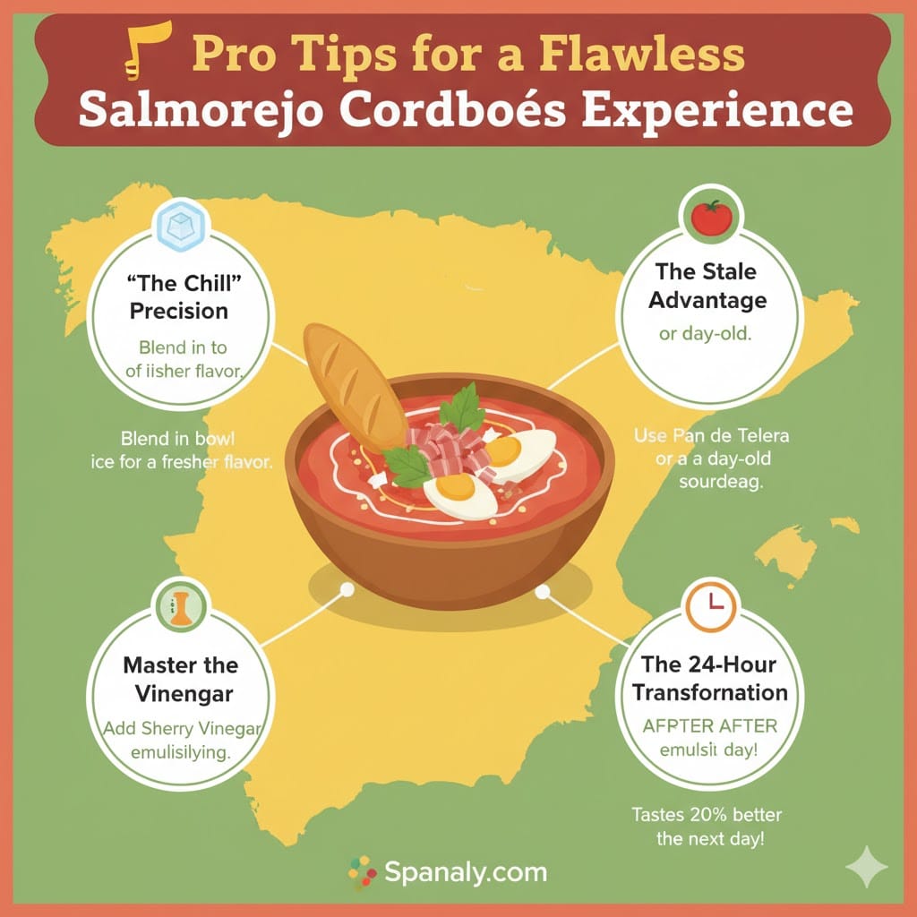 A vibrant 2026 infographic by Spanaly showing expert Salmorejo tips: ice-chill blending precision, using stale Pan de Telera bread, timing the vinegar, and the 24-hour flavor transformation.