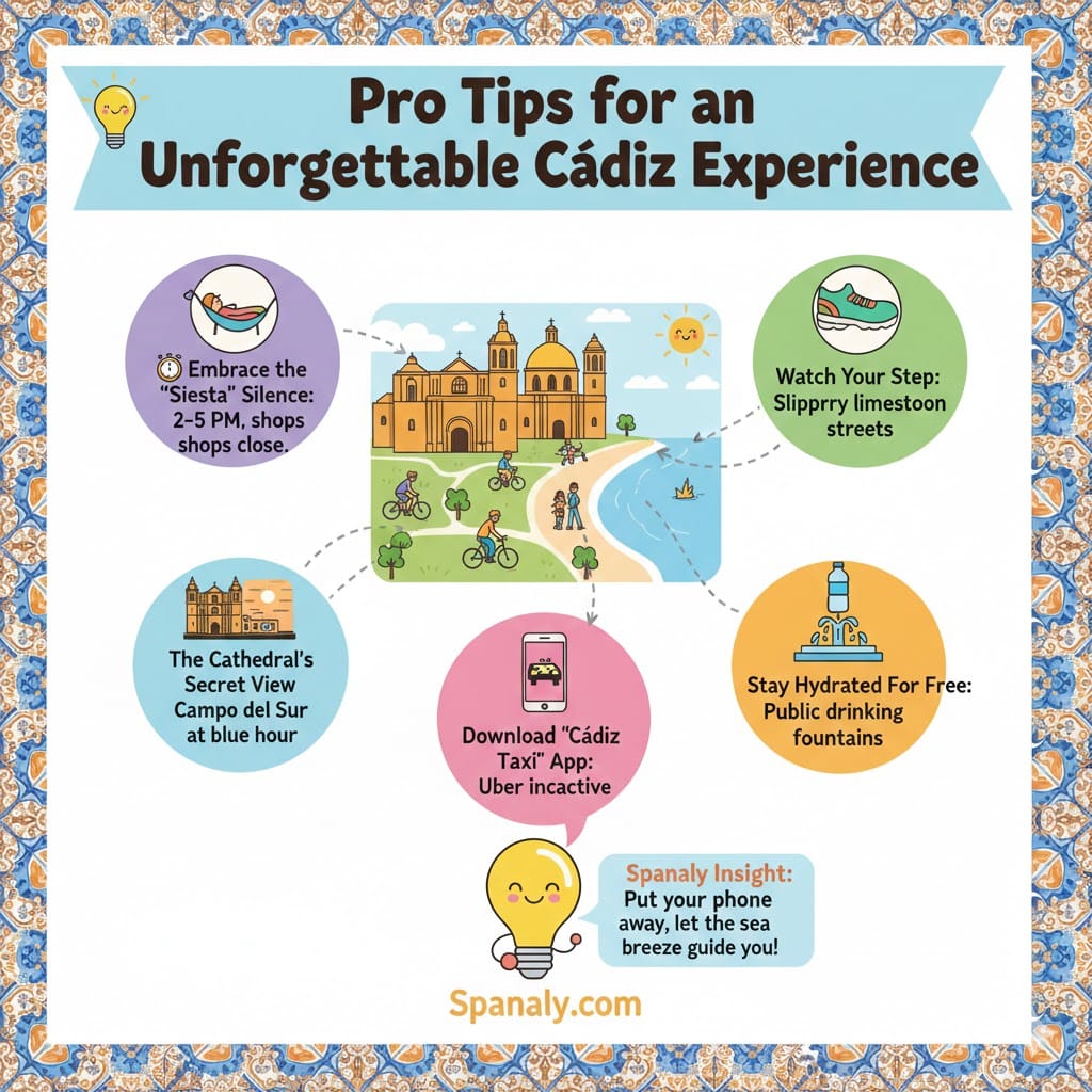 A colorful infographic presenting pro travel tips for Cádiz, Spain. It covers the siesta schedule, slippery limestone streets, the Cathedral's secret view at Campo del Sur, public drinking fountains, and the local taxi app. Includes a Spanaly Insight with Spanaly.com branding.