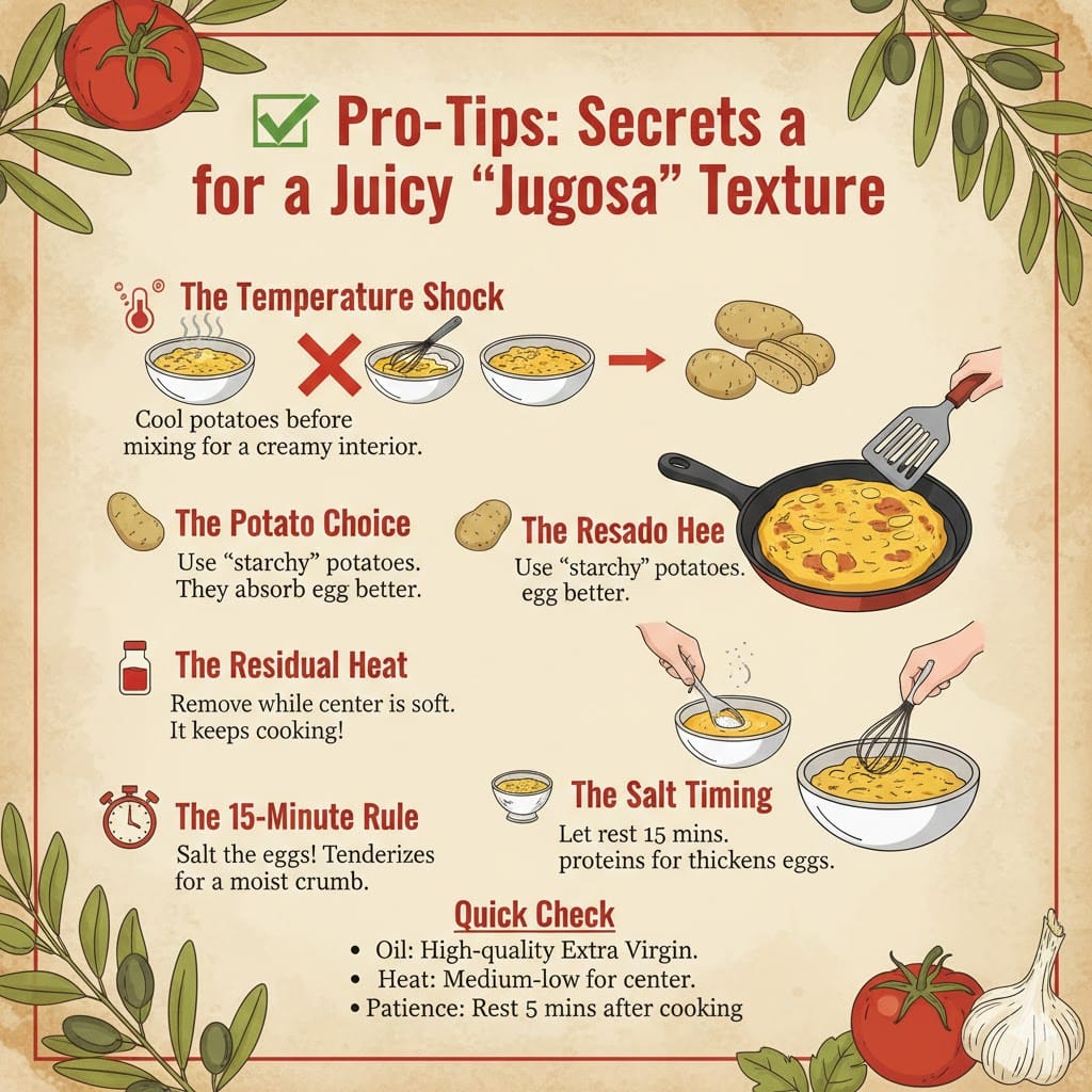 A colorful infographic titled Pro-Tips: Secrets for a Juicy "Jugosa" Texture. It illustrates five key secrets: Temperature Shock (cooling potatoes), Potato Choice (starchy/older potatoes), Residual Heat (removing while soft), Salt Timing (salting eggs), and The 15-Minute Rule. Includes a Quick Check list with tips on oil, heat, and patience.