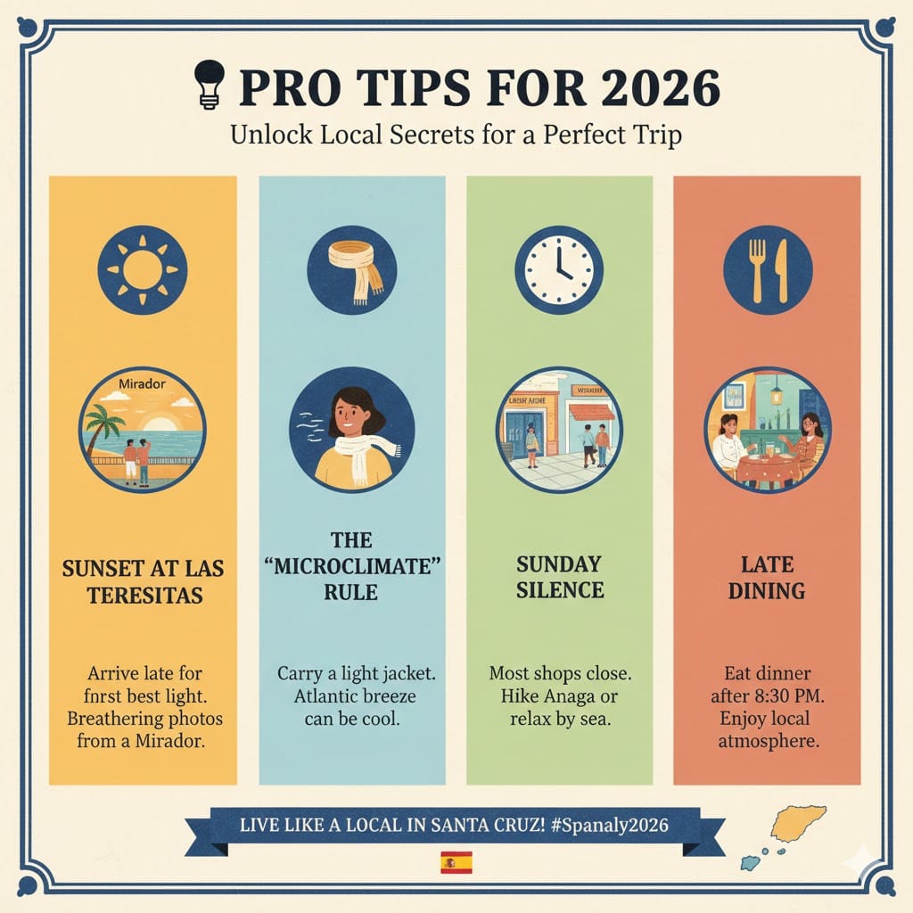 A helpful 2026 travel tips infographic for Santa Cruz de Tenerife, covering sunset at Las Teresitas, the microclimate rule, Sunday shop closures, and local dining times with a small map of Spain.