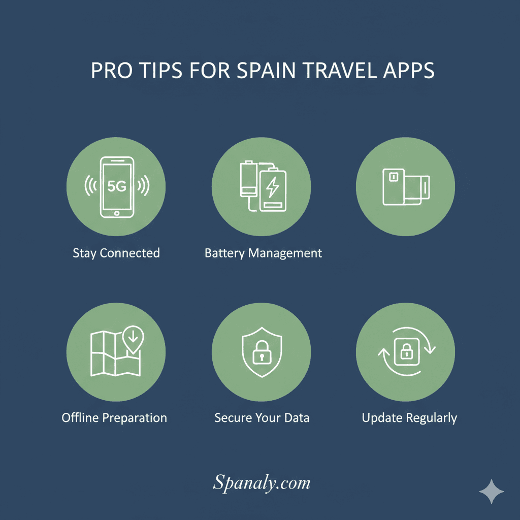 A creative and modern 2026 infographic for Spanaly.com titled PRO TIPS FOR SPAIN TRAVEL APPS. It features elegant minimalist icons for 5G connectivity, battery management, offline downloads, data security, and app updates on a professional navy blue and sage green background.