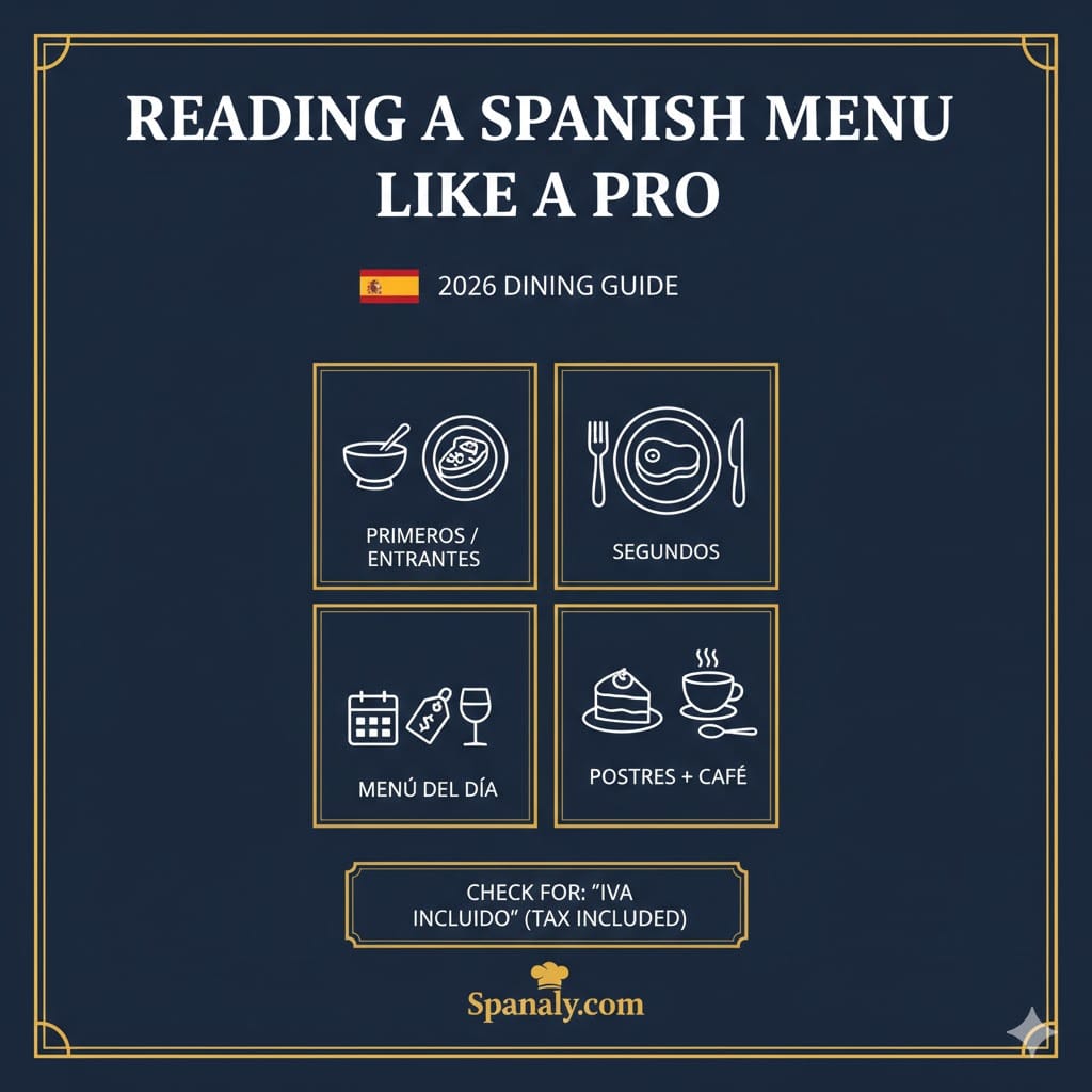 An infographic guide to reading a Spanish menu in 2026, showing Primeros, Segundos, Menú del Día, and Postres with a reminder to check for IVA incluido.