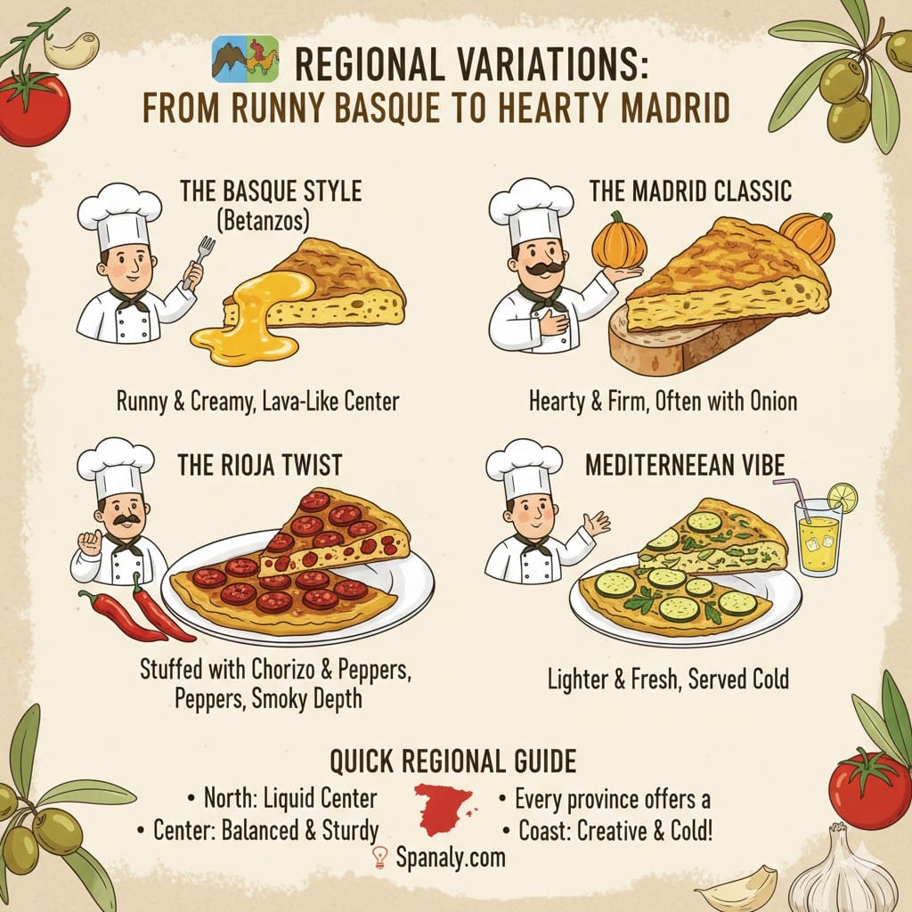 A colorful infographic titled Regional Variations: From Runny Basque to Hearty Madrid. It showcases four styles: The Basque Style (runny), The Madrid Classic (hearty with onion), The Rioja Twist (with chorizo), and Mediterranean Vibe (light and fresh). Includes a Quick Regional Guide and the Spanaly.com logo with a red Spain map.