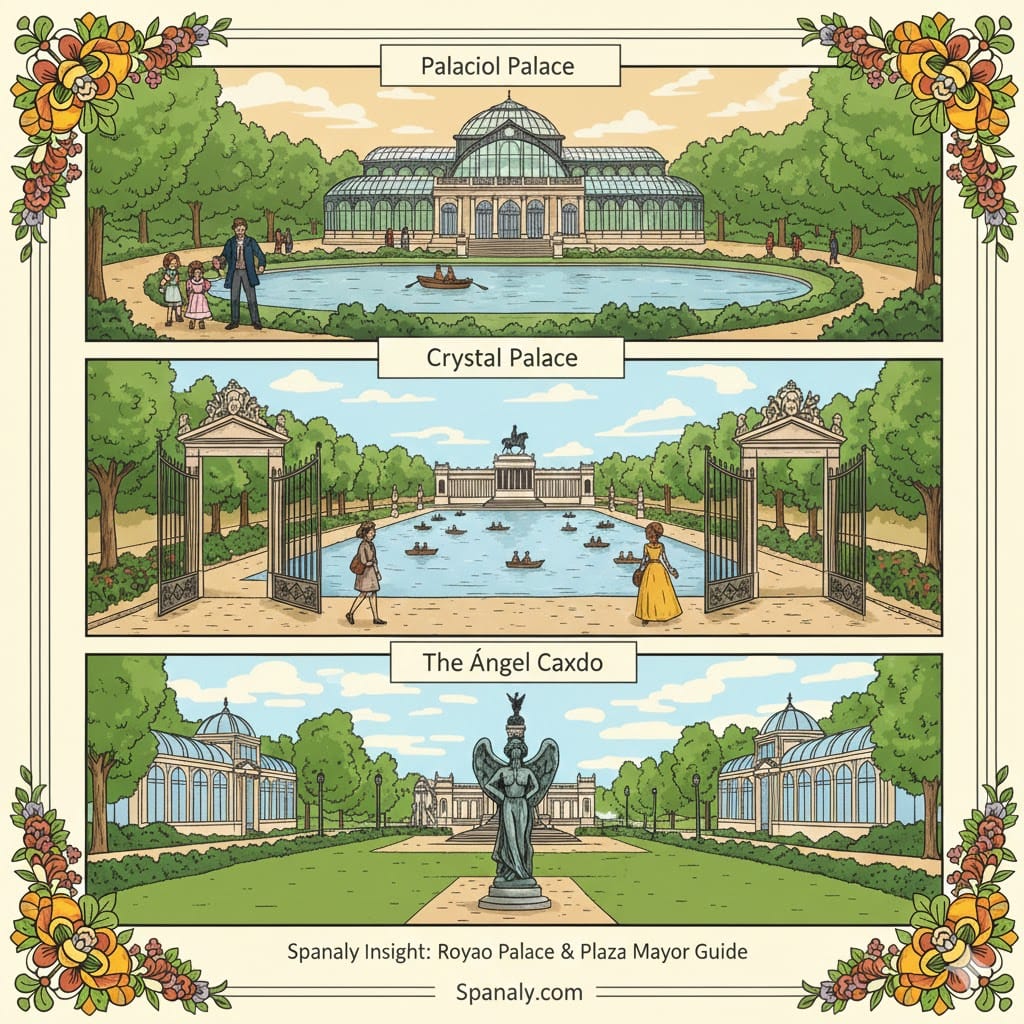 A colorful artistic infographic of Retiro Park's landmarks. The top panel shows the Crystal Palace (Palacio de Cristal), the middle panel features the Monument to Alfonso XII with rowing boats, and the bottom panel highlights the Fallen Angel statue. Each section includes an illustrative drawing of the site. Created by Spanaly.com.