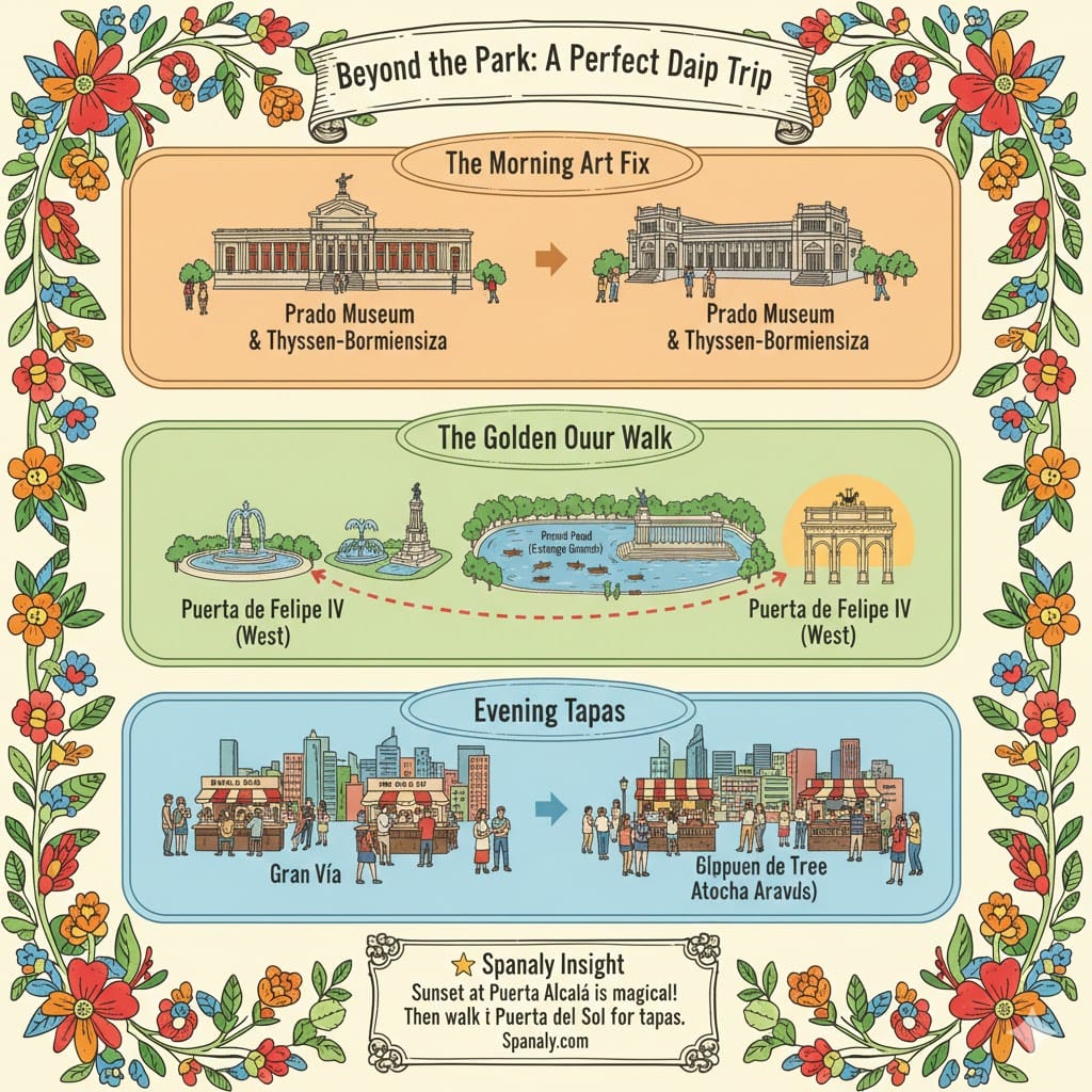 A colorful infographic showing a perfect day trip itinerary around Retiro Park. Top: Visiting the Prado and Thyssen museums. Middle: Walking from Puerta de Felipe IV to Puerta de Alcalá at sunset. Bottom: Enjoying evening tapas at Gran Vía. Created by Spanaly.com.