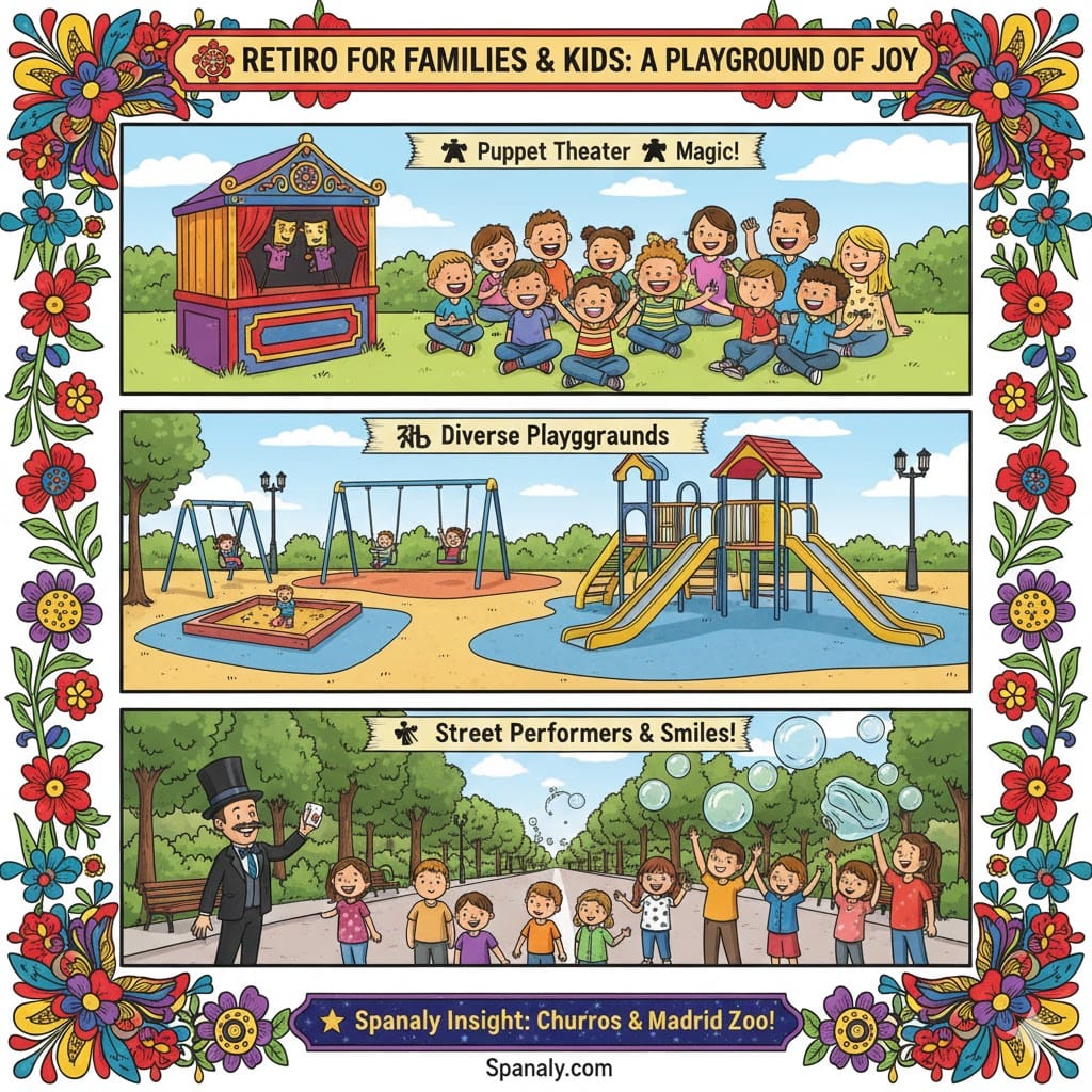 A colorful three-panel infographic for families in Retiro Park. Top: Children watching a puppet theater show. Middle: A modern playground with slides and swings. Bottom: A street magician performing for kids with bubbles. Created by Spanaly.com.