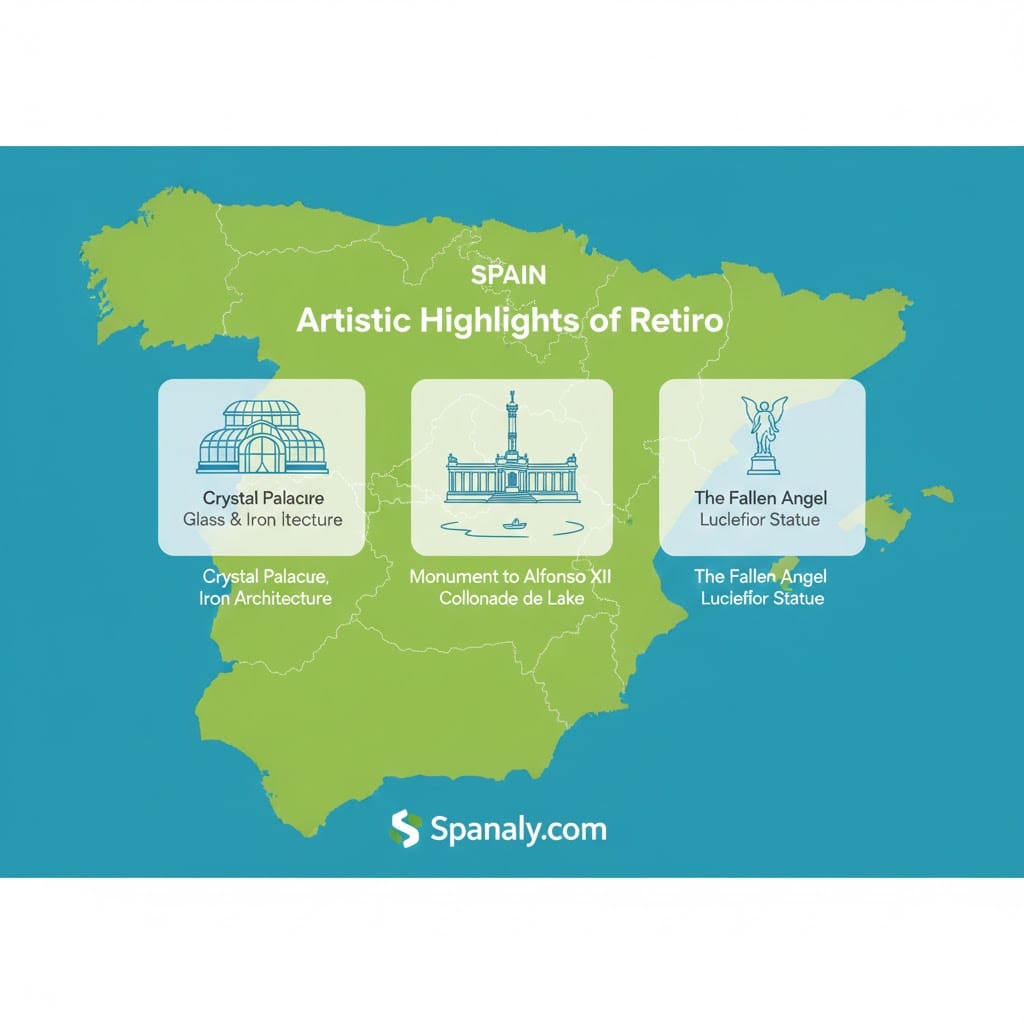 A professional Spanaly infographic showcasing the artistic landscape of Retiro Park in Madrid, featuring the Crystal Palace, Alfonso XII Monument, and the Fallen Angel statue over a map of Spain with vibrant colors.
