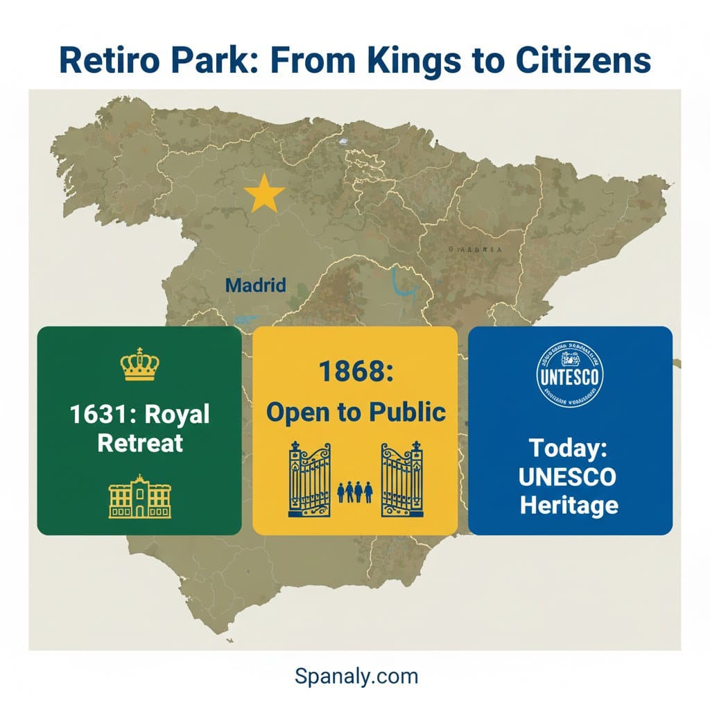 An educational infographic showing the historical evolution of Retiro Park in Madrid from a 17th-century royal retreat for King Philip IV to a public UNESCO World Heritage site with Spanaly branding.