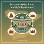 An artistic hero image for Spanaly.com featuring an illustrated map of Spain with Retiro Park’s Crystal Palace at the center, surrounded by landmark icons in warm contrasting colors, with the text 'Discover Retiro Park: Madrid's Royal Jewel'.