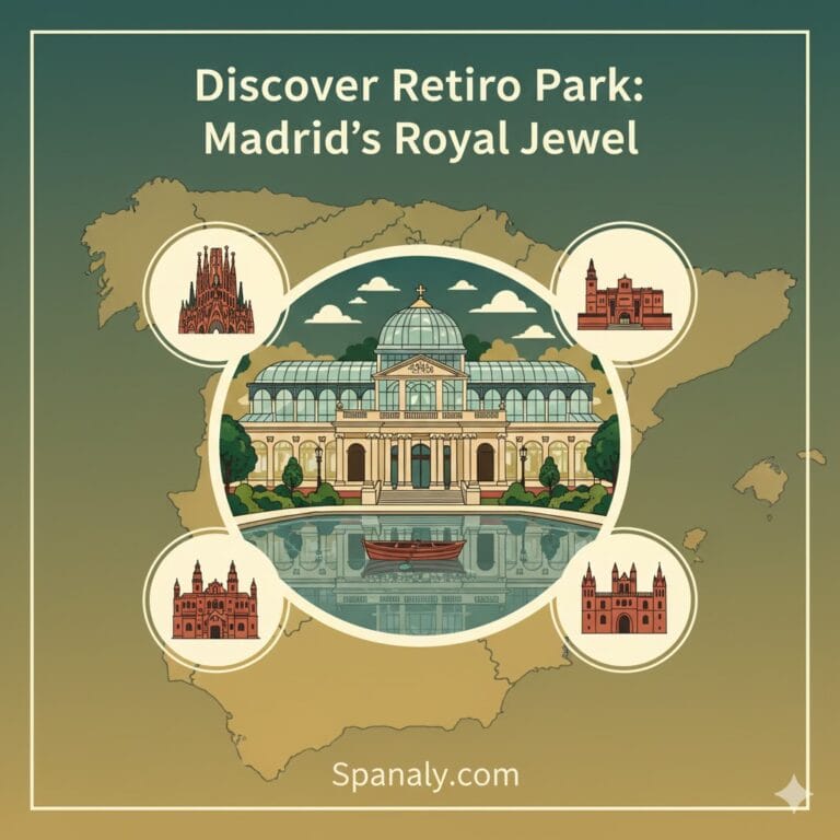 An artistic hero image for Spanaly.com featuring an illustrated map of Spain with Retiro Park’s Crystal Palace at the center, surrounded by landmark icons in warm contrasting colors, with the text 'Discover Retiro Park: Madrid's Royal Jewel'.