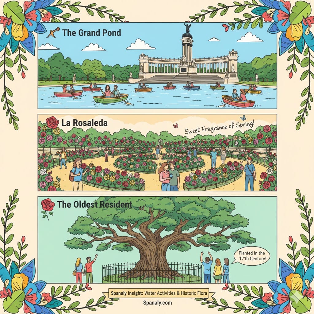 A colorful three-panel infographic of Retiro Park outdoor activities. Top: People rowing boats on The Grand Pond. Middle: The blooming La Rosaleda rose garden. Bottom: The historic Ahuehuete tree (The Oldest Resident) with visitors. Created by Spanaly.com.