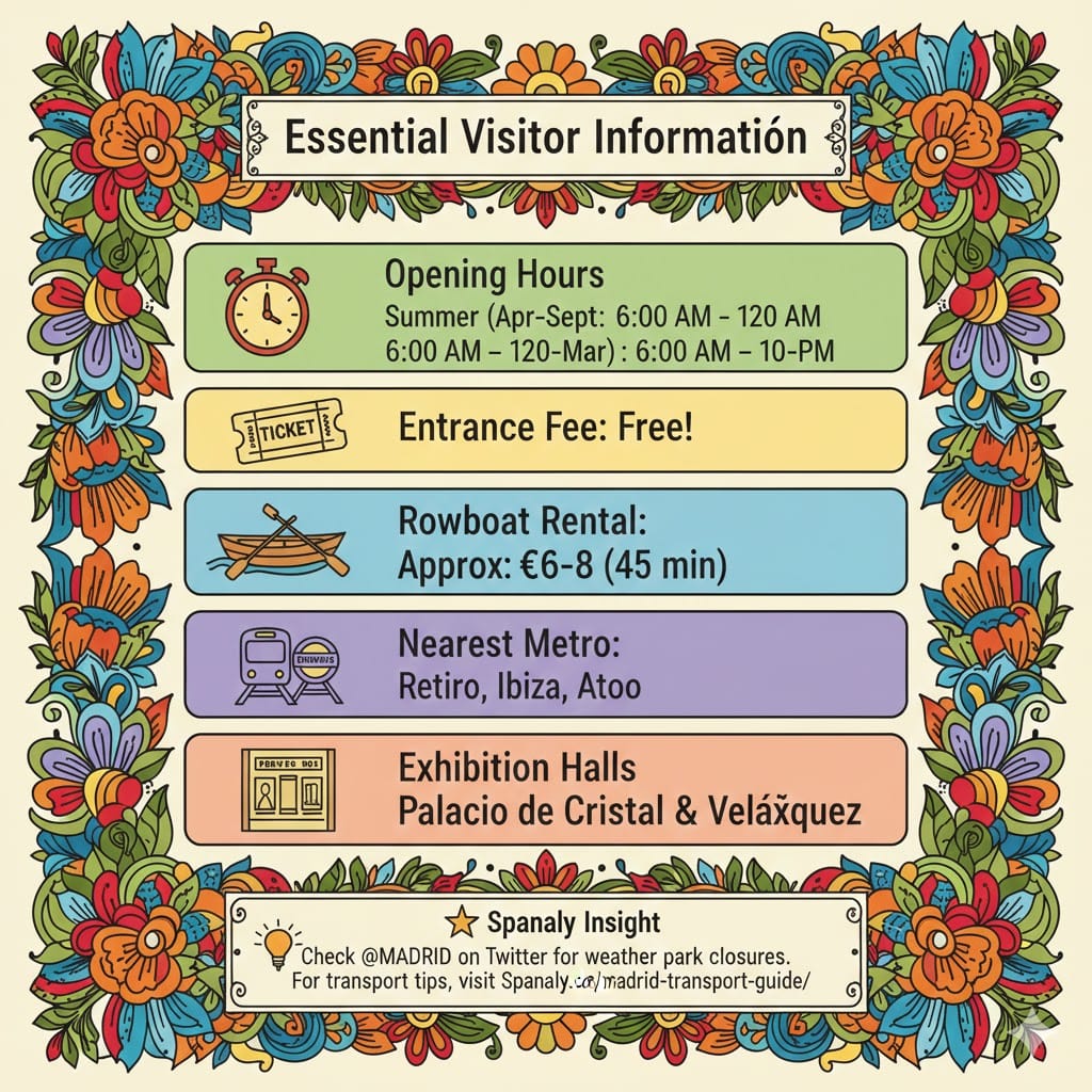 A colorful infographic listing essential visitor information for Retiro Park, Madrid. It includes summer and winter opening hours, entry fee details (Free), rowboat rental prices, nearest metro stations (Retiro, Ibiza, Atocha), and exhibition hall info. Includes a Spanaly Insight box at the bottom. Created by Spanaly.com.