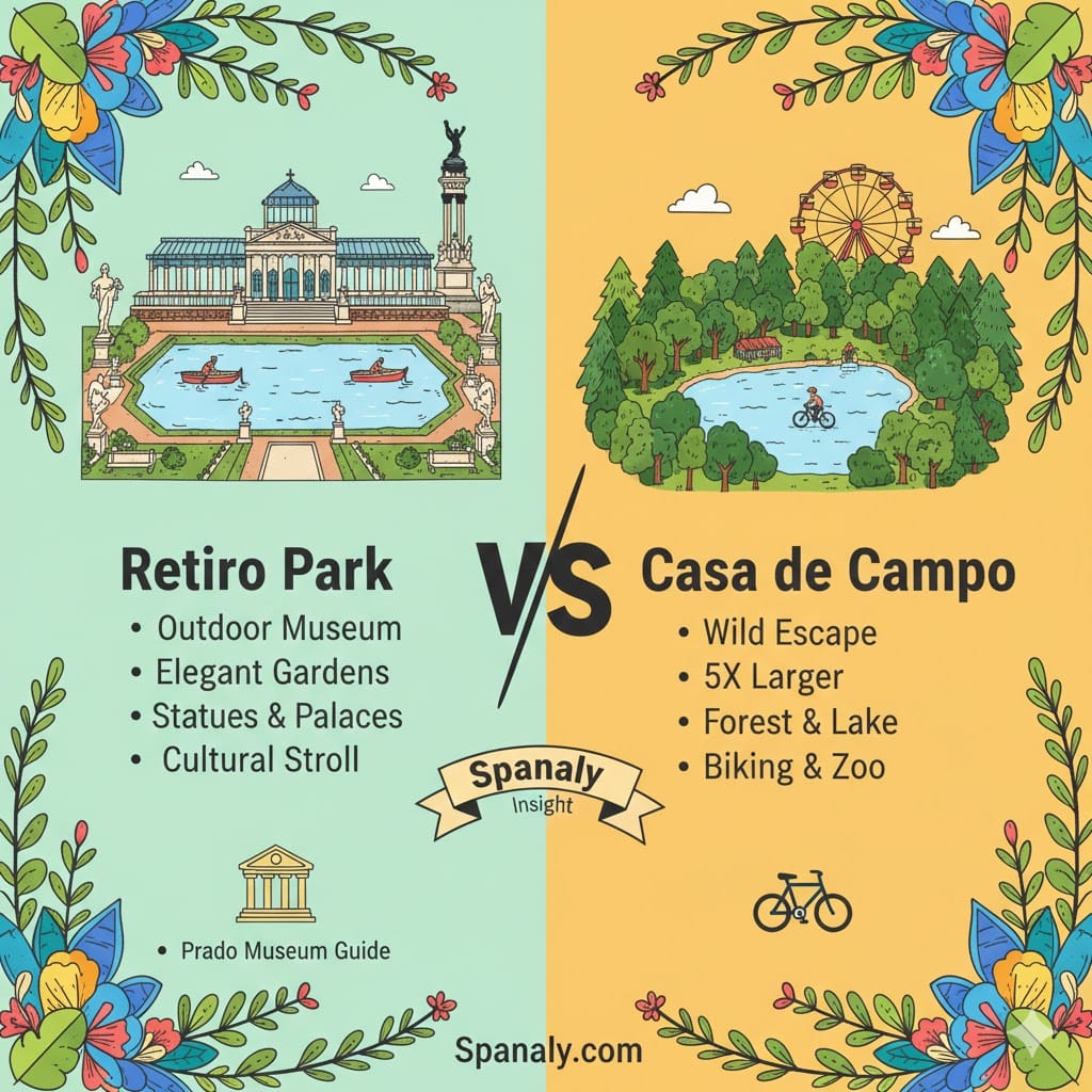 A colorful hand-drawn infographic comparing Retiro Park and Casa de Campo in Madrid. Retiro is shown as an elegant outdoor museum with palaces and rowing boats, while Casa de Campo features a wild forest, biking trails, and a ferris wheel. Created by Spanaly.com.