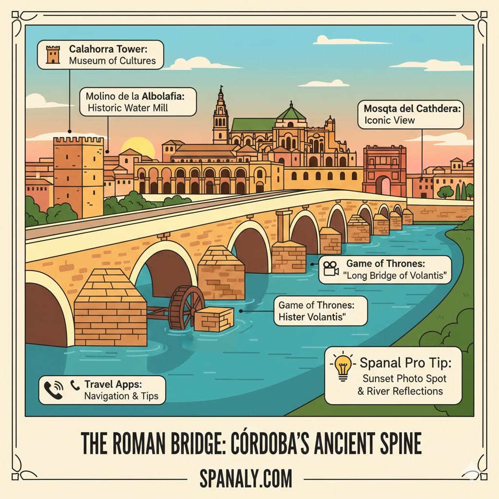 Informative infographic of the Roman Bridge in Córdoba, showcasing the Calahorra Tower, the Guadalquivir River, and Game of Thrones filming locations.
