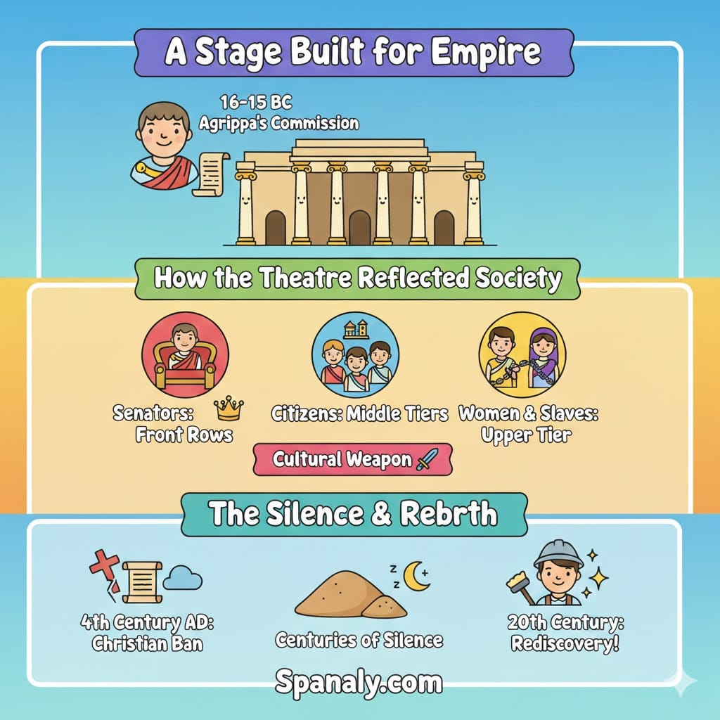 A colorful infographic explaining the history and social hierarchy of the Roman Theatre of Mérida, featuring the imperial commission and its 20th-century rediscovery - Spanaly.com 2026.
