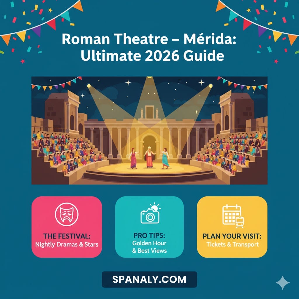 A vibrant ultimate guide cover for the Roman Theatre of Mérida 2026, featuring a festive illustration of a live performance, festival icons, photography tips, and travel logistics - Spanaly.com.
