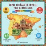 An ultimate travel guide infographic for the Royal Alcázar of Seville, featuring a colorful map of Spain with the palace at its center, including sections for history, dining, 1-day itinerary, and accessibility with Spanaly.com branding.