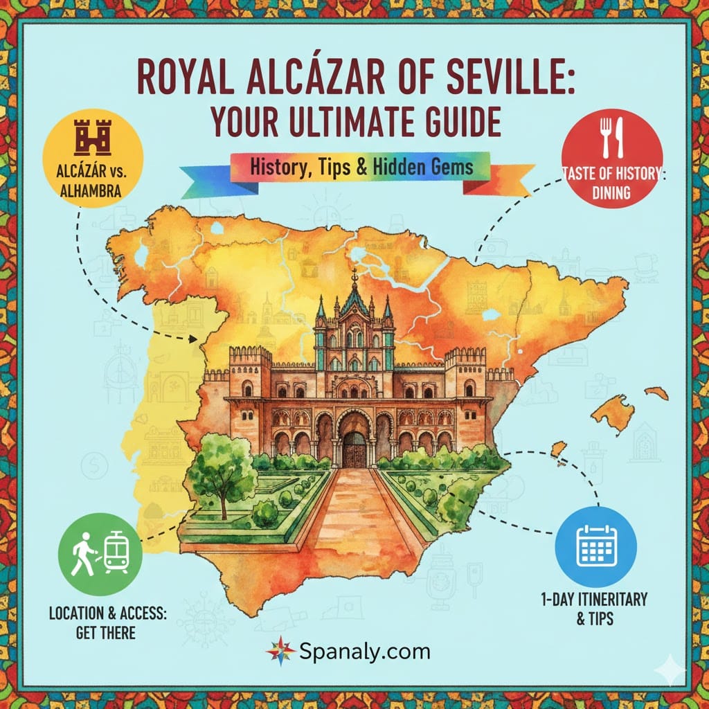 An ultimate travel guide infographic for the Royal Alcázar of Seville, featuring a colorful map of Spain with the palace at its center, including sections for history, dining, 1-day itinerary, and accessibility with Spanaly.com branding.
