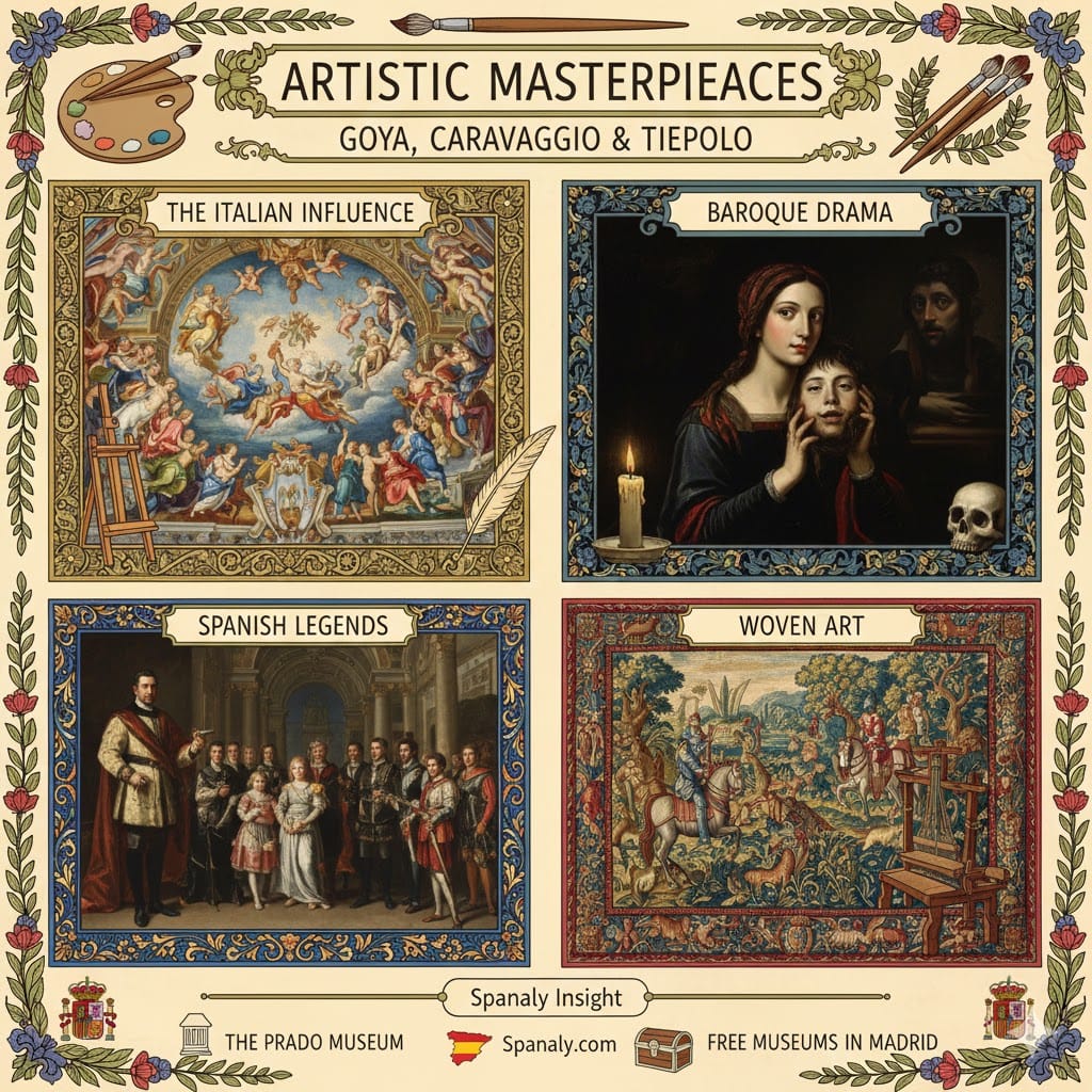 A colorful hand-drawn infographic titled "Artistic Masterpieces" showcasing the art of the Royal Palace of Madrid. It features four sections: Italian Influence (Tiepolo frescoes), Baroque Drama (Caravaggio), Spanish Legends (Goya portraits), and Woven Art (Flemish tapestries). Includes the Spanaly.com logo with the red and yellow Spain map.