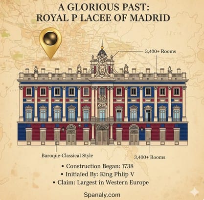 Infographic detailing the glorious past of the Royal Palace of Madrid, featuring construction facts, architectural style, and its location in Spain with Spanaly.com branding.