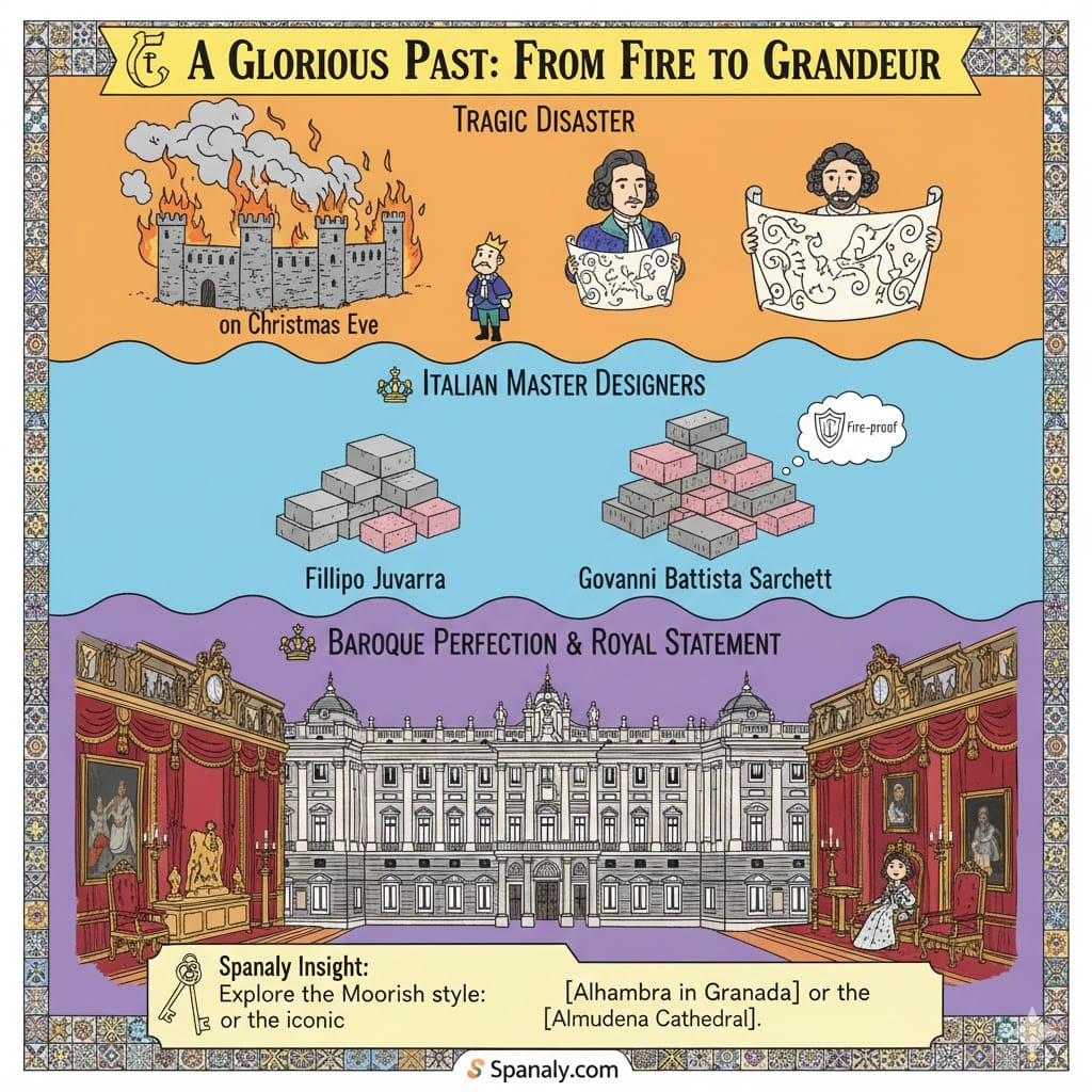 A vibrant, hand-drawn infographic titled "A Glorious Past: From Fire to Grandeur" illustrating the history of the Royal Palace of Madrid. It depicts the 1734 fire, Italian architects Filippo Juvarra and Giovanni Battista Sacchetti with their fire-proof blueprints, and the opulent Baroque facade and Throne Room. Includes a Spanaly Insight section.