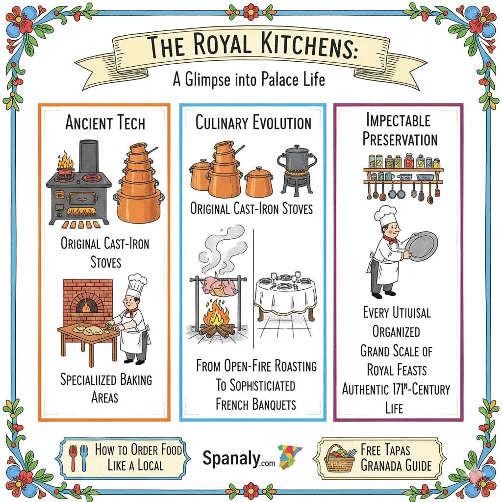 A vibrant, hand-drawn infographic titled "The Royal Kitchens: A Glimpse into Palace Life". It illustrates original cast-iron stoves, copper pots, and the evolution from open-fire roasting to French banquets at the Royal Palace of Madrid. Features the Spanaly.com logo with a map of Spain.