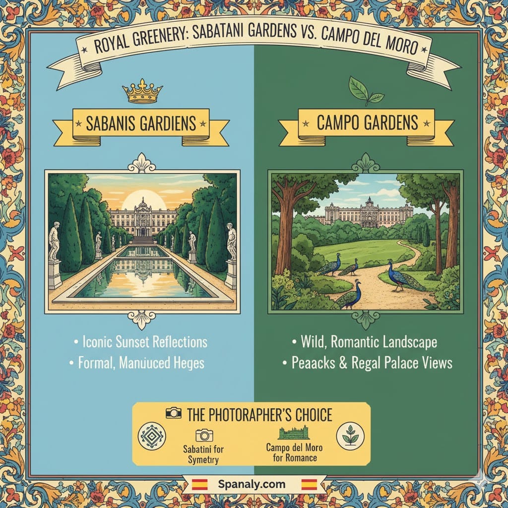 A colorful hand-drawn infographic comparing Sabatini Gardens and Campo del Moro at the Royal Palace of Madrid. On the left, Sabatini Gardens shows iconic sunset reflections and formal hedges. On the right, Campo del Moro shows a wild romantic landscape with peacocks. Includes the Spanaly.com logo with the red and yellow Spain map.