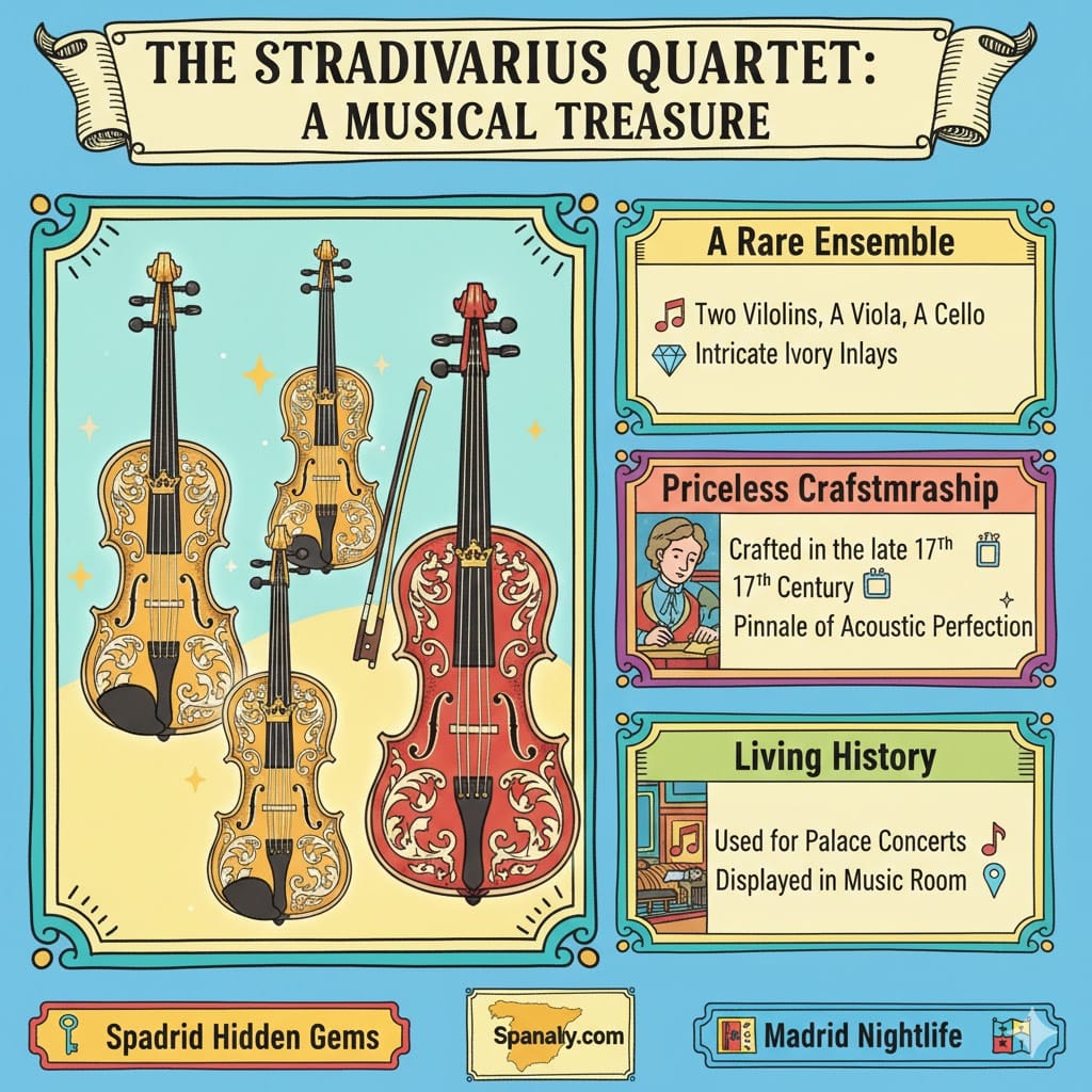 A vibrant colorful hand-drawn infographic titled "The Stradivarius Quartet: A Musical Treasure". It illustrates the rare ensemble of two violins, a viola, and a cello housed in the Royal Palace of Madrid, featuring intricate ivory inlays and 17th-century craftsmanship. Includes Spanaly.com logo with Spain map.