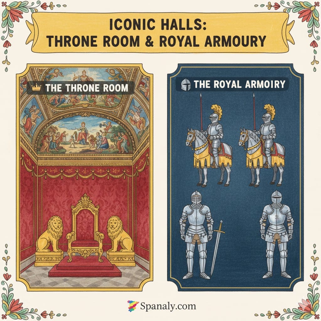 A colorful hand-drawn infographic showcasing the iconic halls of the Royal Palace of Madrid. On the left, the Throne Room with its golden lions and Tiepolo ceiling fresco; on the right, the Royal Armoury featuring medieval knights and suits of armor. Includes the Spanaly logo with the map of Spain.