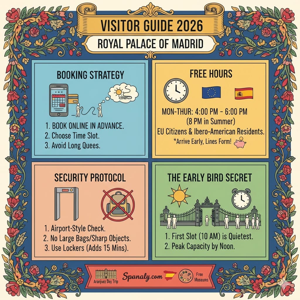 A colorful hand-drawn infographic titled "Visitor Guide 2026: Royal Palace of Madrid". It details booking strategies, free hours (Mon-Thu 4-6 PM), security protocols, and the "Early Bird" secret for avoiding crowds. Features the Spanaly.com logo with the red and yellow Spain map.
