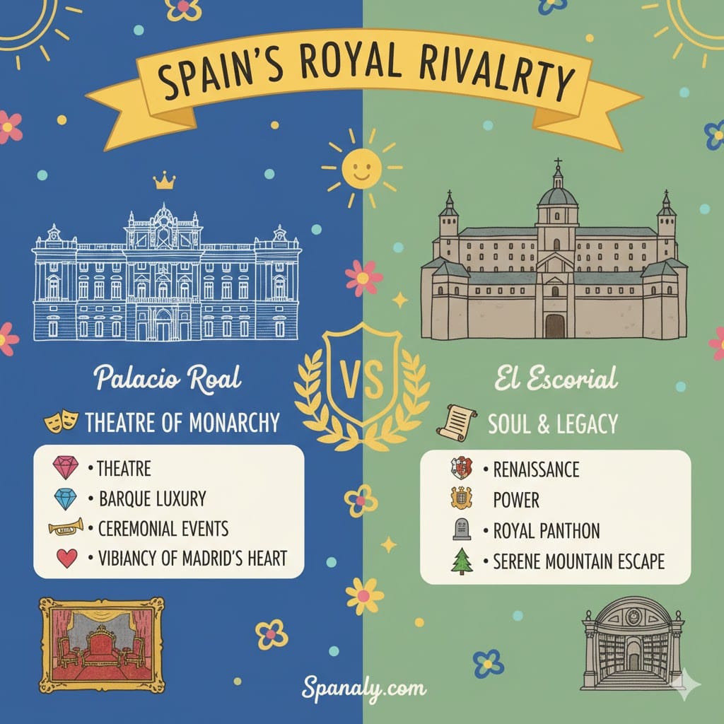 A colorful hand-drawn infographic titled "Spain's Royal Rivalry" comparing the Royal Palace of Madrid (Palacio Real) and El Escorial. It highlights the Baroque luxury and ceremonial role of Palacio Real versus the Renaissance power and Royal Pantheon of El Escorial. Includes Spanaly.com logo.
