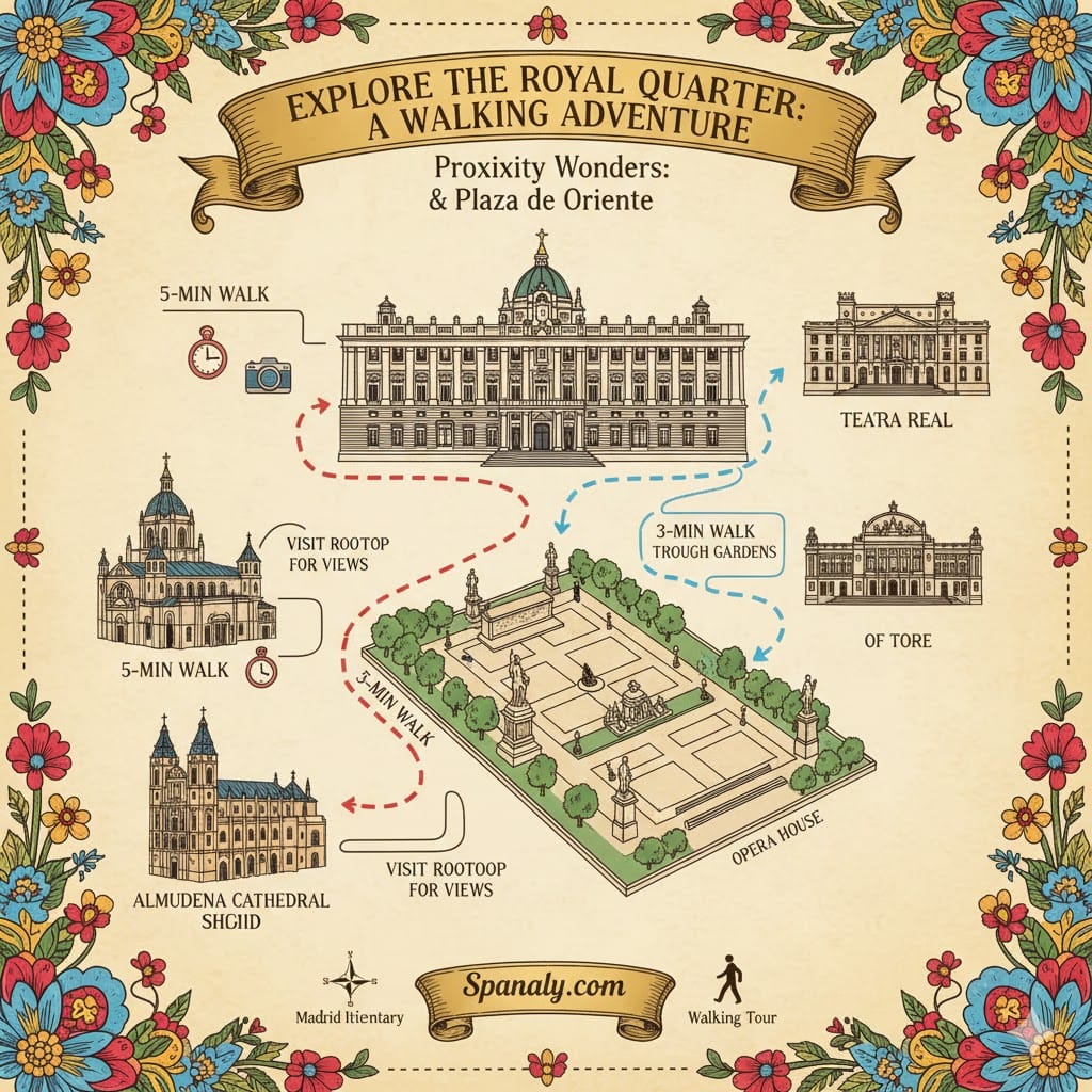 An artistic, vintage-style hand-drawn map titled "Explore the Royal Quarter: A Walking Adventure". It shows dotted walking paths connecting the Royal Palace of Madrid to Almudena Cathedral and Plaza de Oriente, with estimated walking times (3-5 mins) and travel icons. Features the Spanaly.com logo with the red and yellow Spain map.